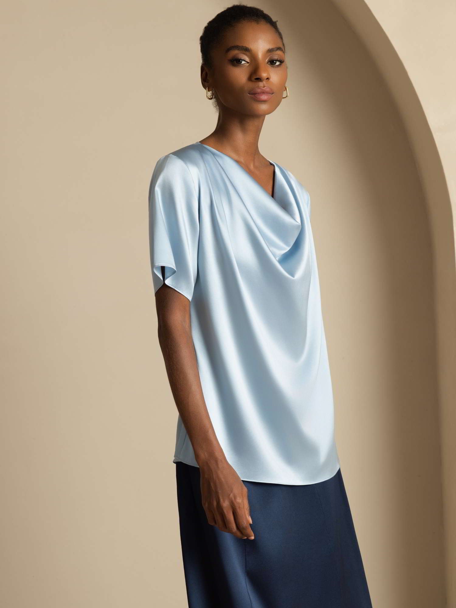 [Azul Grisáceo] SilkSilky-ES 19Momme Seda Manga corta Blouse 006