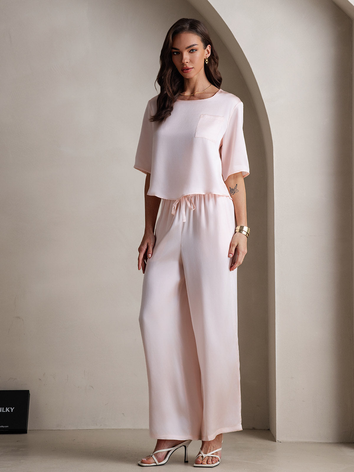 [Rosa] SilkSilky-ES A metà Cuello Redondo Pijamas de mujer 006