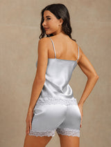 [Azul Grisáceo] SilkSilky-ES Spaghetti Strap V Neck Conjunto de tirantes 002