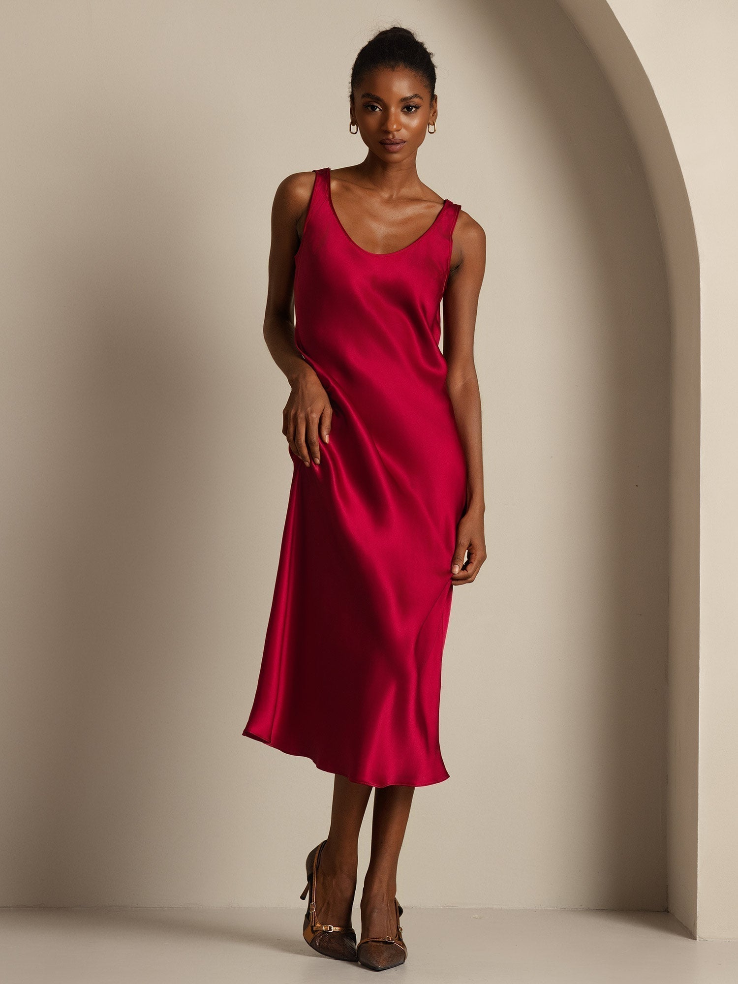 [Vino] SilkSilky-ES Seda Pura Cuello Barco Vestido 001,