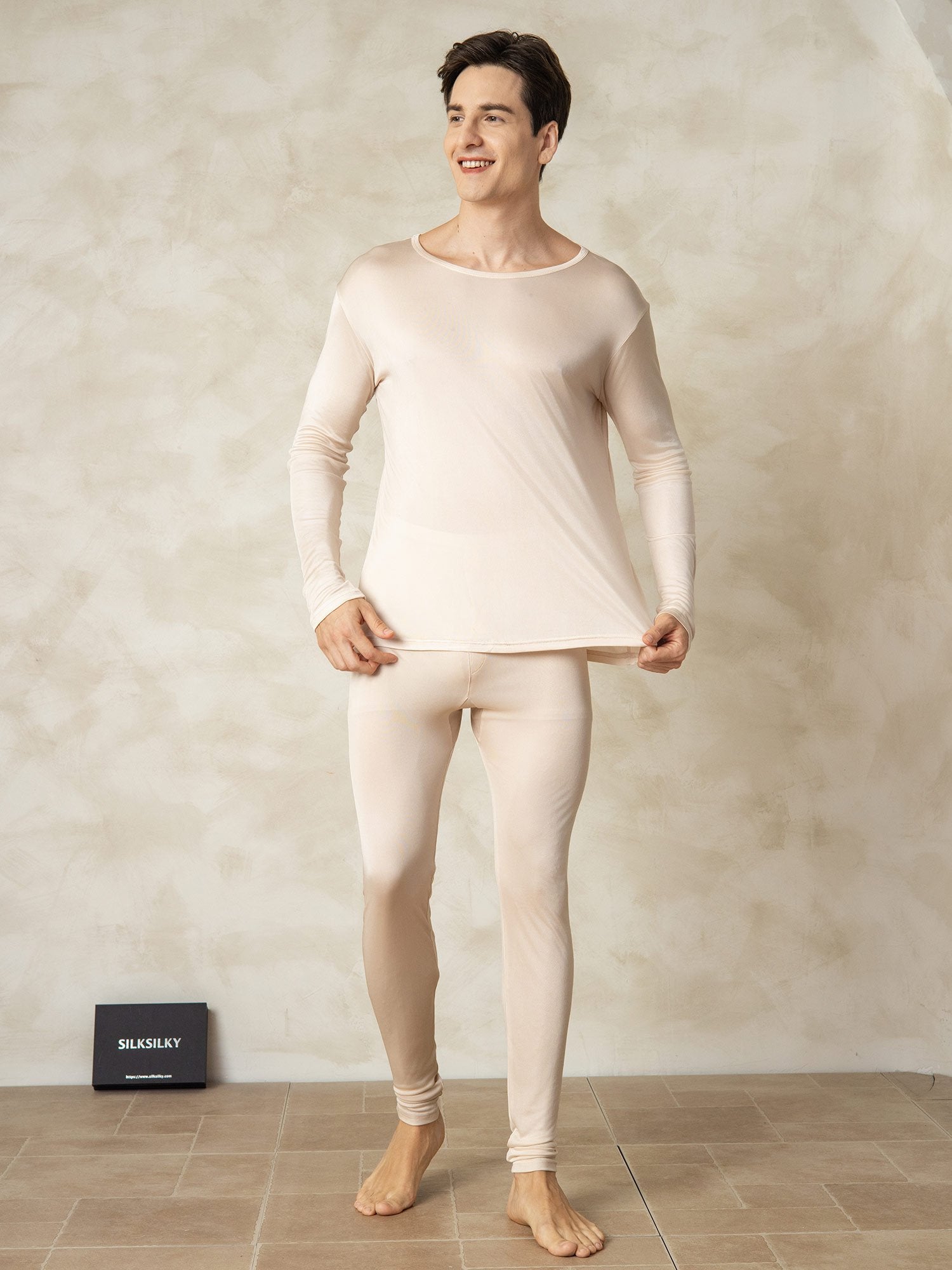 [MarrónClaro] SilkSilky-ES Seda Mens Pajamas 003