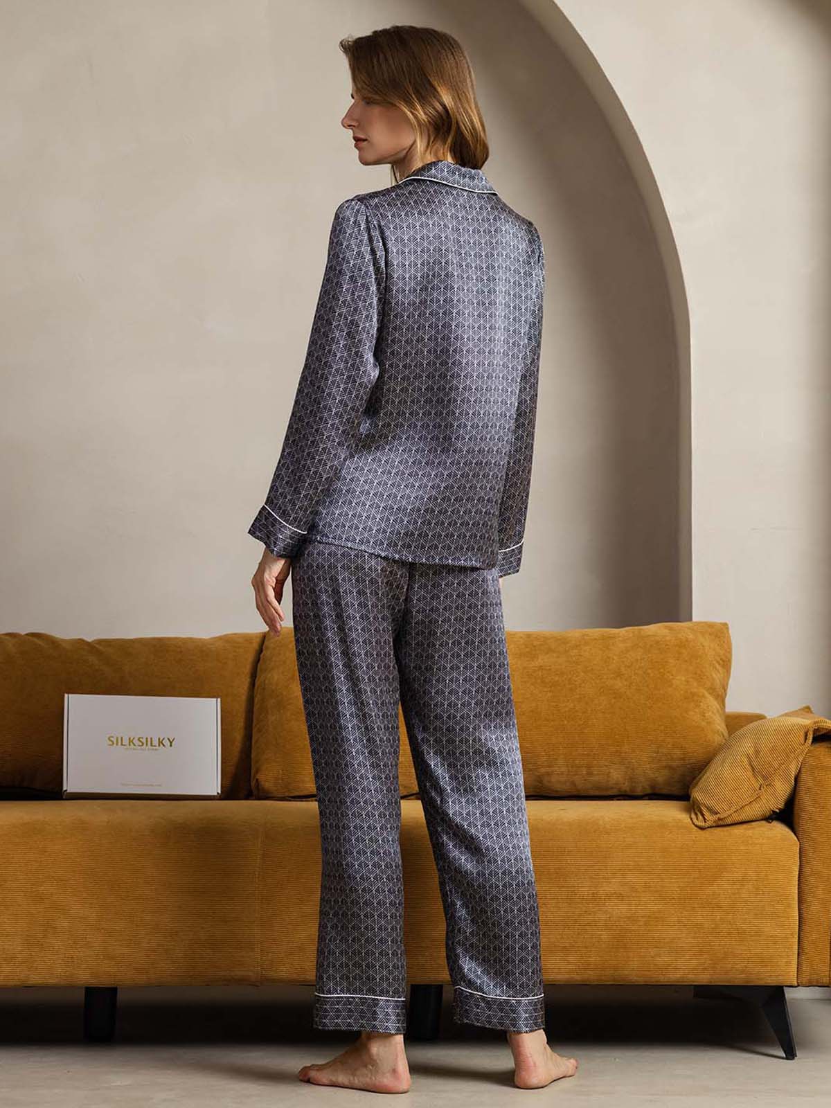 [Ginkgo Azul Marino] SilkSilky-ES Seda Pura Womens Pajamas 002
