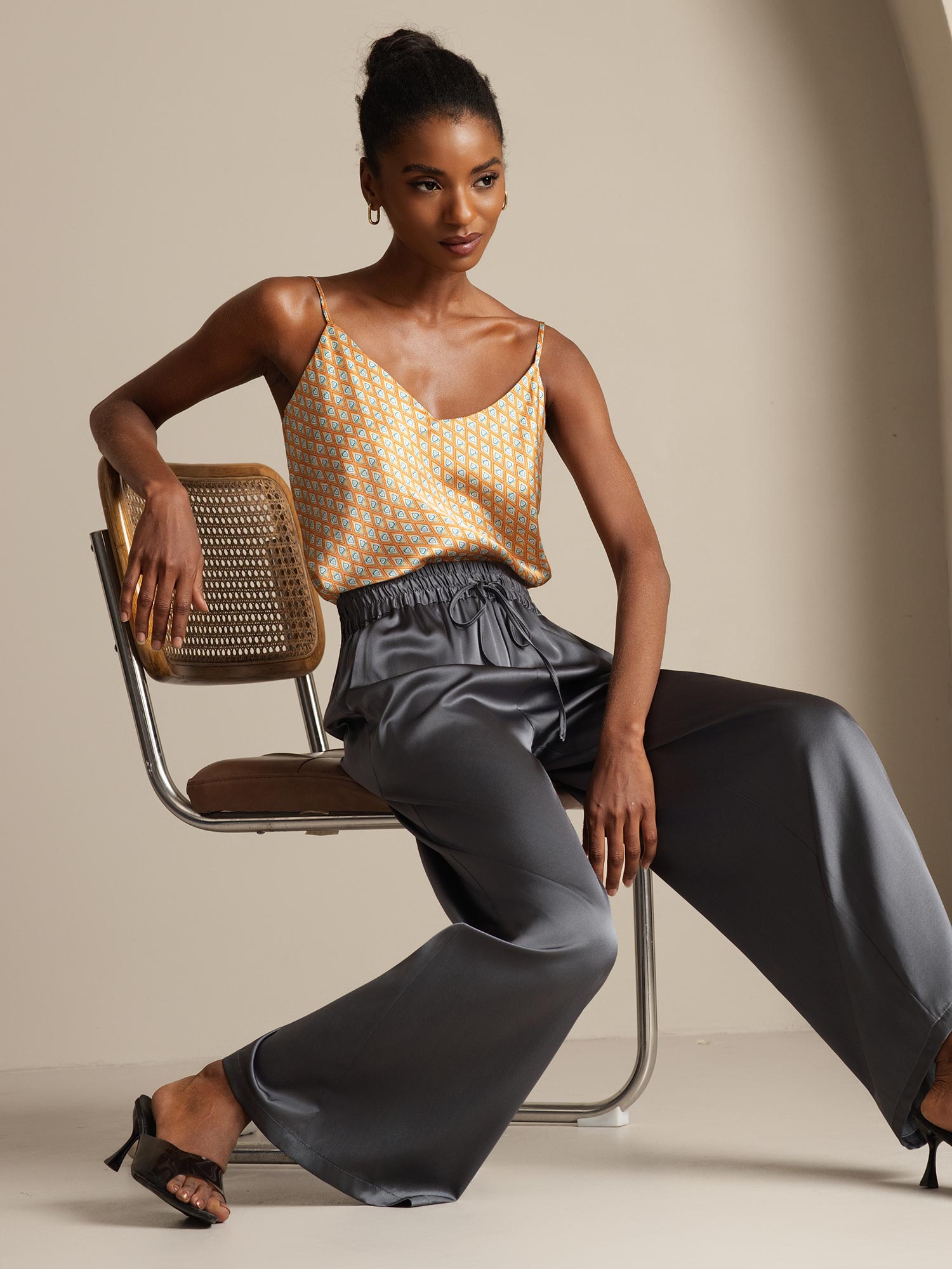 [Floral] SilkSilky-ES Seda Pura Cuello en V Top de tirantes 008,