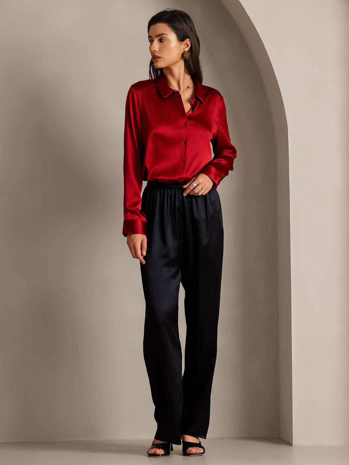 [Rojo] SilkSilky-ES Seda Lapel Collar Blusas de Mujer 006