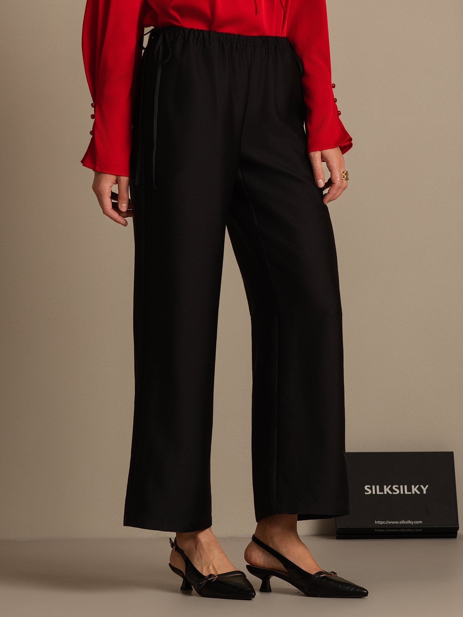 [Negro] SilkSilky-ES 32Momme Silk-Wool Blend Womens Pants 006,