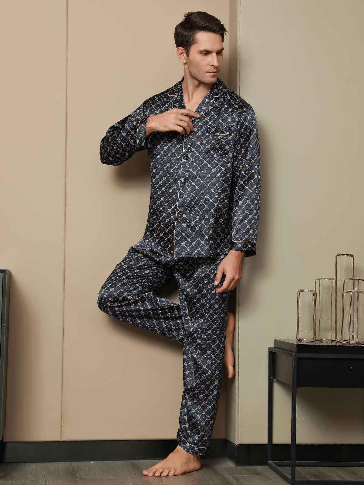 [Cadena Azul Marino] SilkSilky-ES Seda Pura Mens Pajamas 005