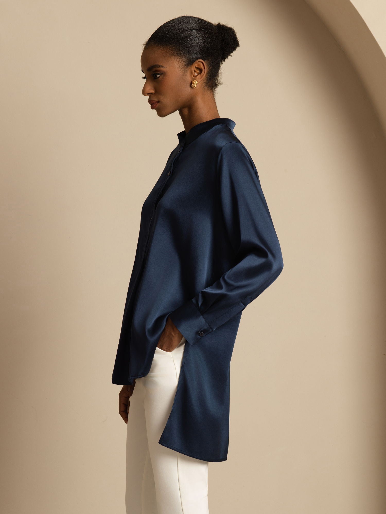 [Azul Oscuro] SilkSilky-ES 19Momme Seda Manga larga Cuello Alto Blusa 003