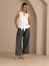 [Blanco] SilkSilky-ES Sleeveless Tie Neck Top de tirantes 007