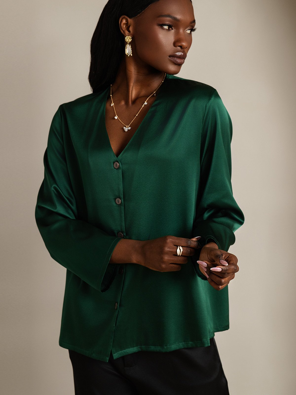 [Verde Oscuro] SilkSilky-ES 19Momme Seda Cuello en V Blusas de Mujer 004