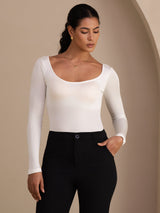 [Blanco] SilkSilky-ES Long Sleeve Cuello en U Camisetas de Mujer 003