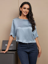 [Azul Grisáceo] SilkSilky-ES A metà Escote Cuchara Camisetas de Mujer 001