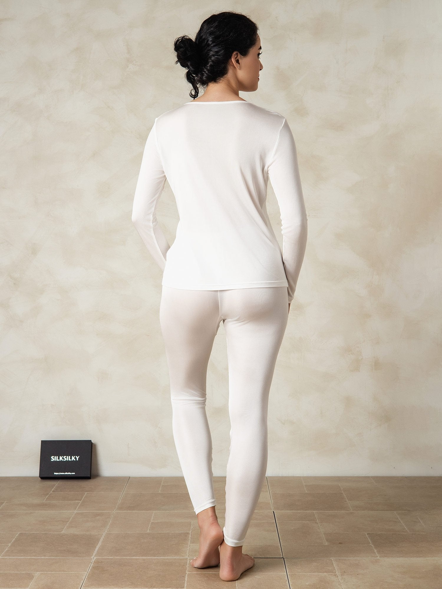 [Blanco] SilkSilky-ES Manga larga Cuello Redondo Ropa Interior Larga Mujer 002