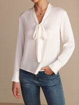 [Blanco] SilkSilky-ES Long Sleeve Tie Neck Blusas 006