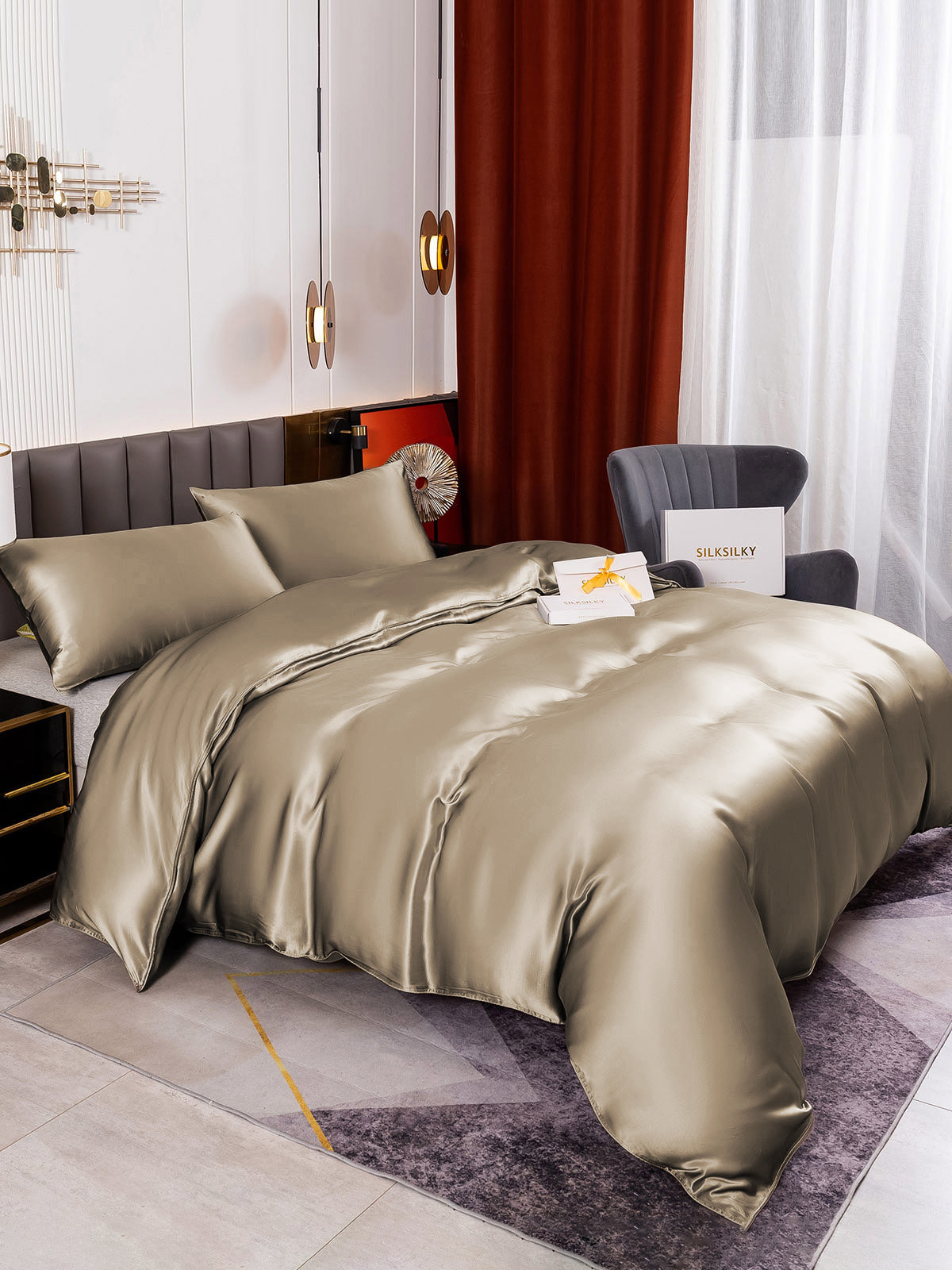 [Caqui] SilkSilky-ES 19Momme Juego de ropa de cama 003