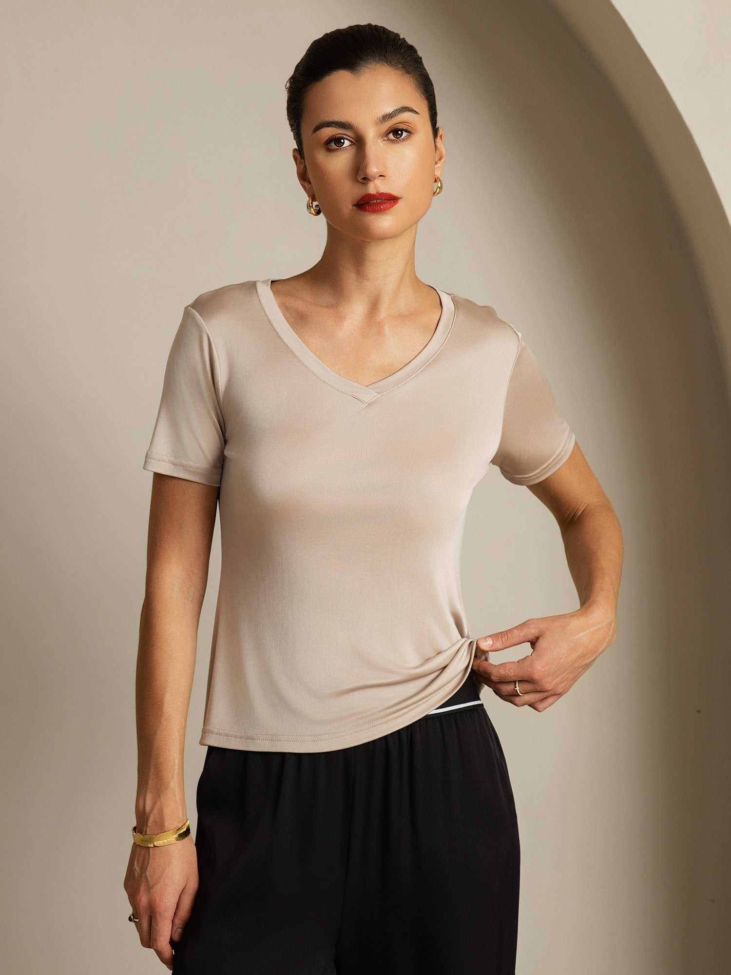 [CaquiClaro] SilkSilky-ES Seda Pura Cuello en V Camisetas de Mujer 003