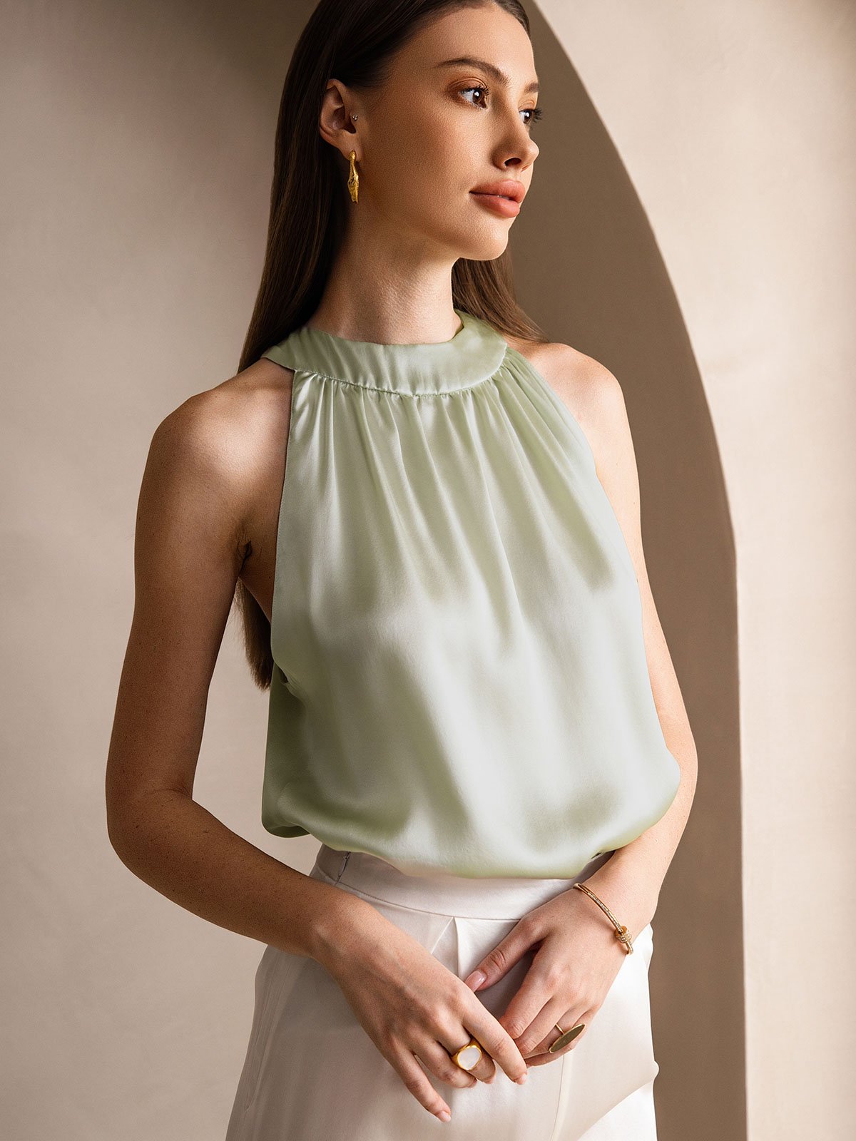 [Verde Claro] SilkSilky-ES 19Momme Seda Womens T-Shirt 003