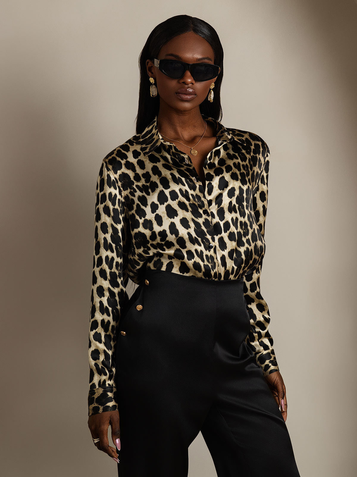 [Leopardo] SilkSilky-ES Seda Lapel Collar Blusas de Mujer 003