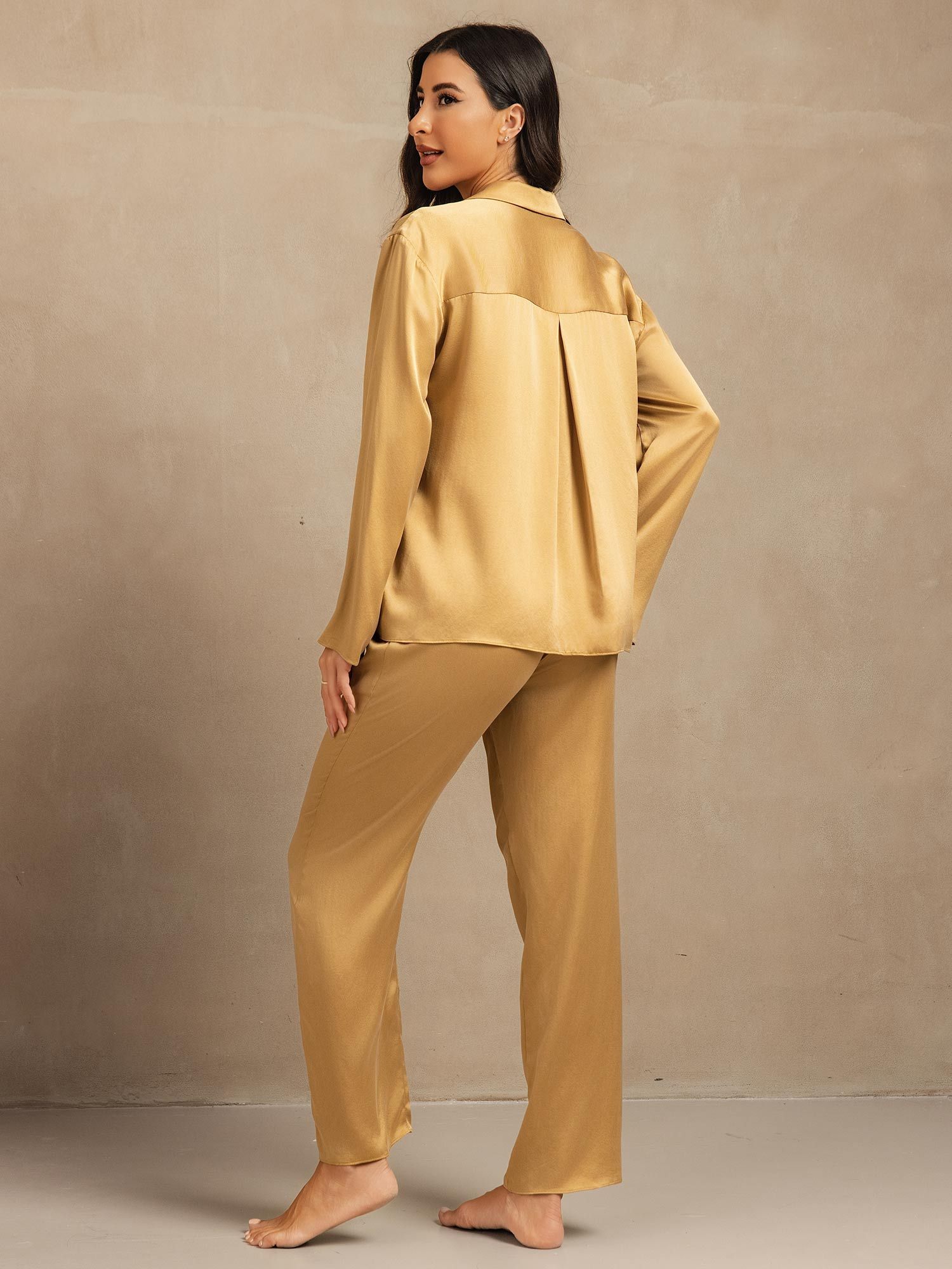 [MarrónClaro] SilkSilky-ES 19Momme Seda Escote V Pijamas de mujer 002