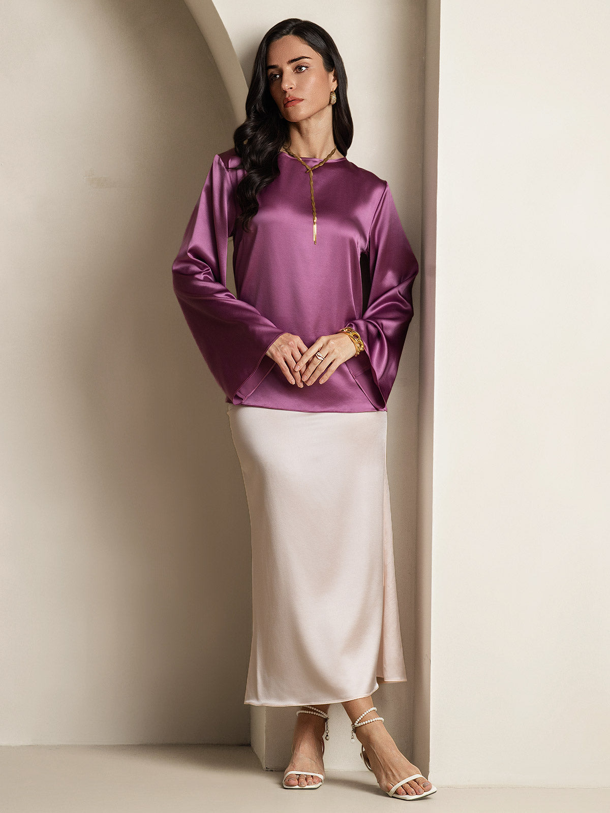 [Morado Oscuro] SilkSilky-ES 19Momme Seda Manga larga Blouse 007