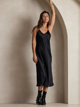 [Negro] SilkSilky-ES Spaghetti Strap V Neck Vestido 006