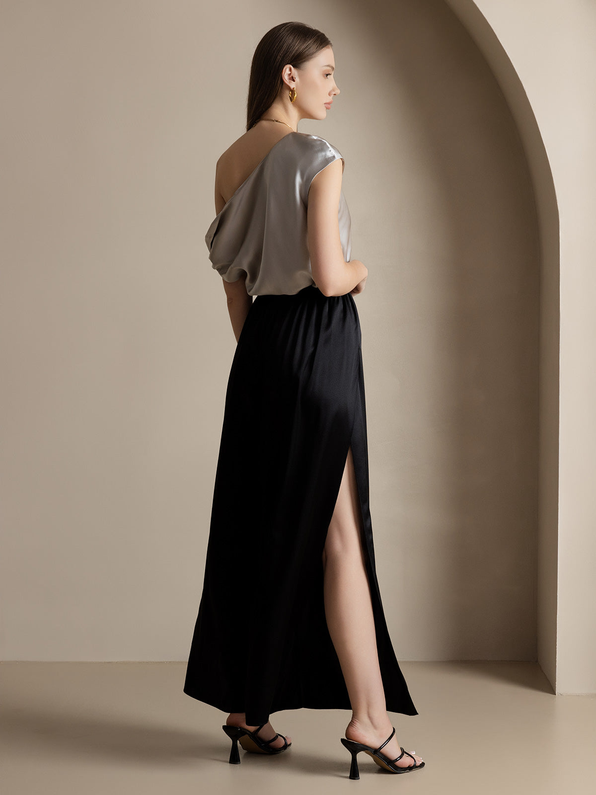 [Negro] SilkSilky-ES 19Momme Seda Split Pantalones de mujer 002