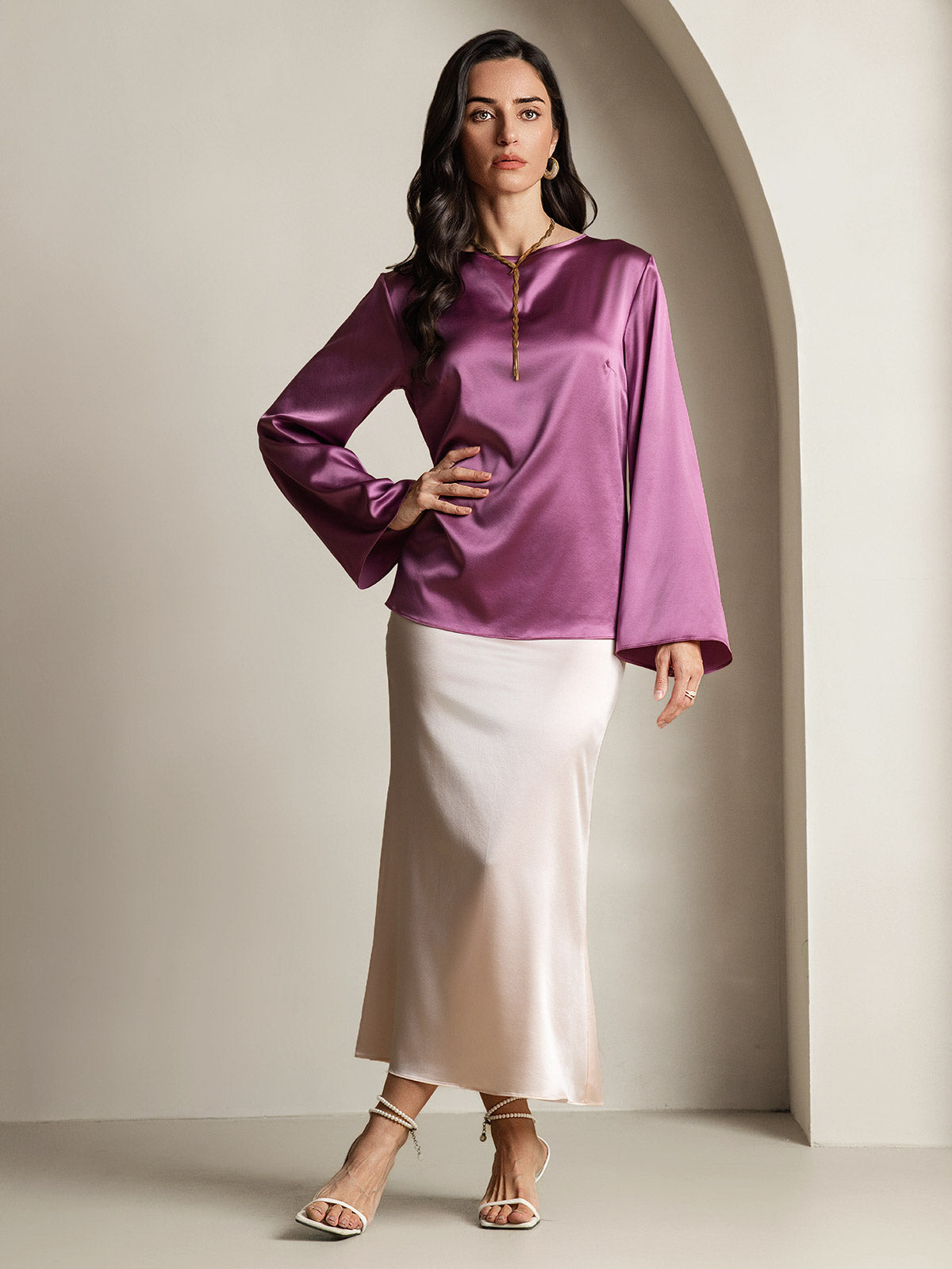 [Morado Oscuro] SilkSilky-ES 19Momme Seda Manga larga Blouse 006