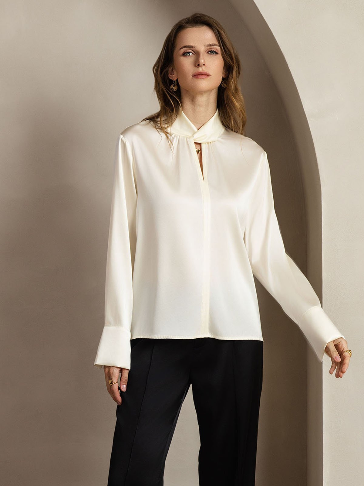 [Marfil] SilkSilky-ES 19Momme Seda Escote lágrima Blusas de Mujer 009