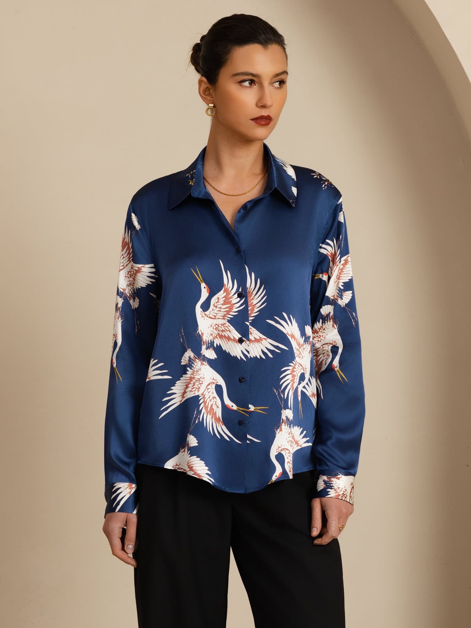 [Azul Oscuro] SilkSilky-ES 19Momme Manga larga Cuello con Solapa Blusas de Mujer 003