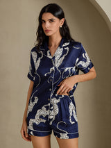 [Guepardo Azul Marino] SilkSilky-ES Short Sleeve Notch Collar Pijamas de mujer 005