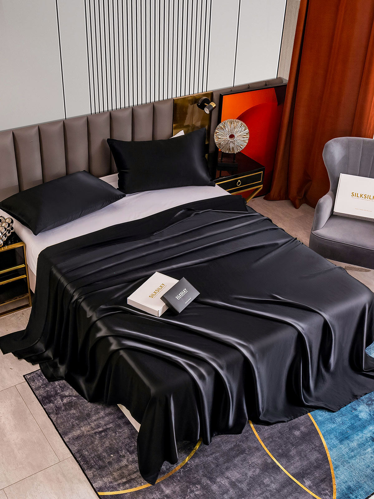 [Negro] SilkSilky-ES 22Momme Seda Pura Bedding Set 002