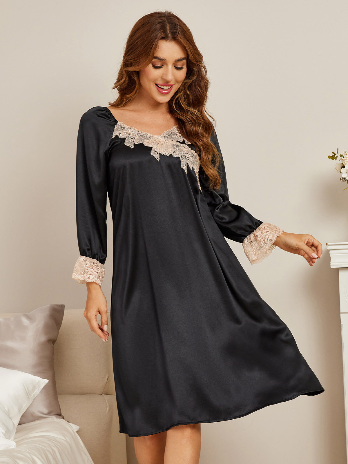 SilkSilky ES Seda Pura Manga larga Nightgown Negro 001