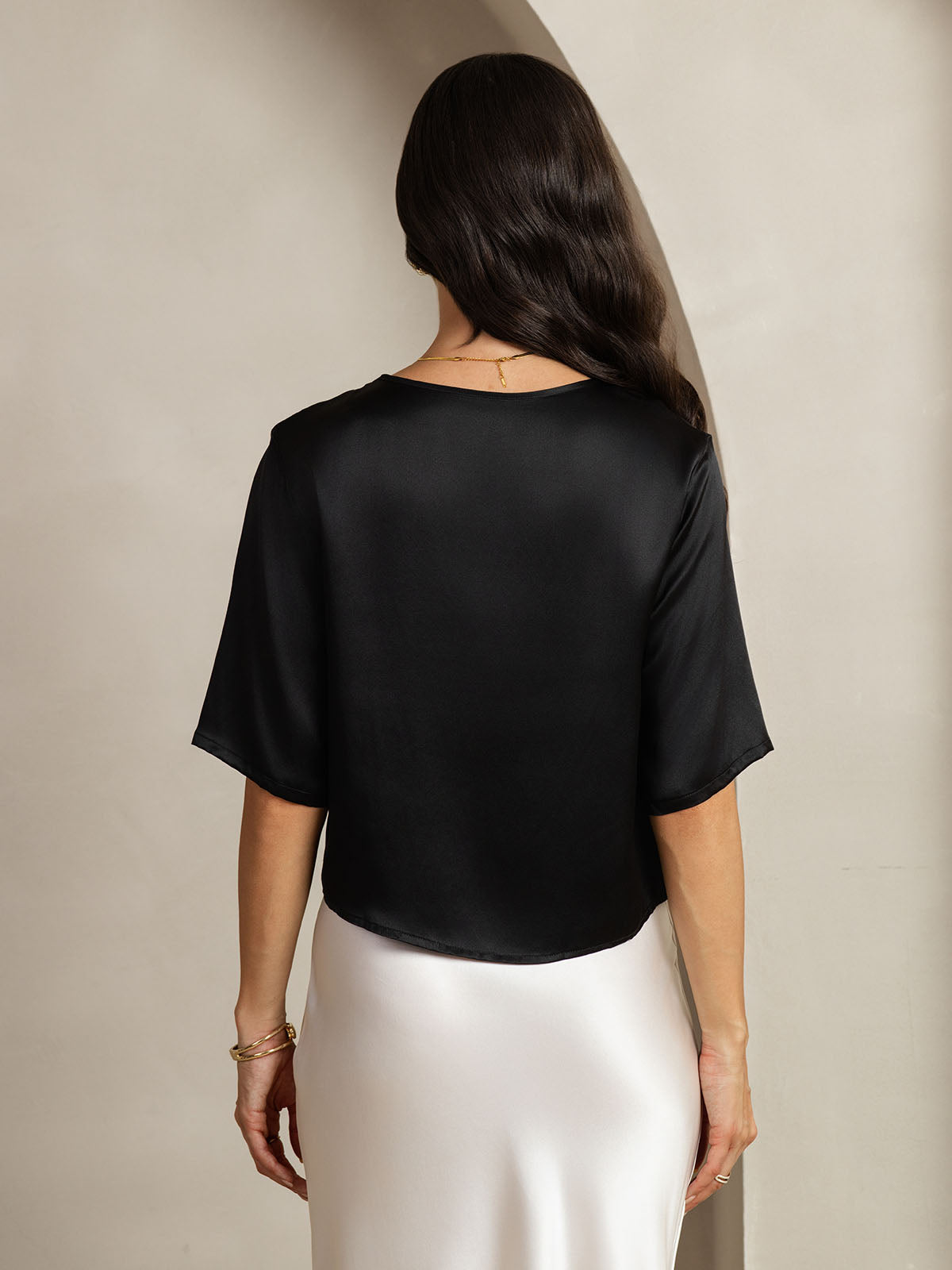 [Negro] SilkSilky-ES Seda Pura Cuello Barco Camisetas de Mujer 002