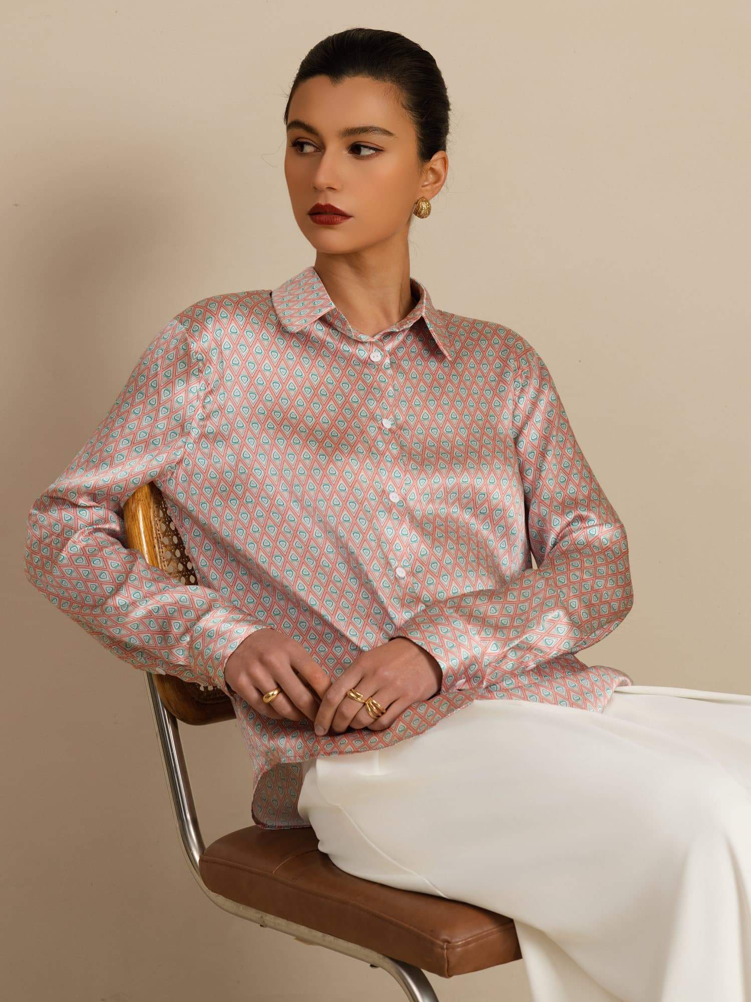 [Rosa Corazón Geo] SilkSilky-ES Manga larga Cuello con Solapa Blusas de Mujer 001