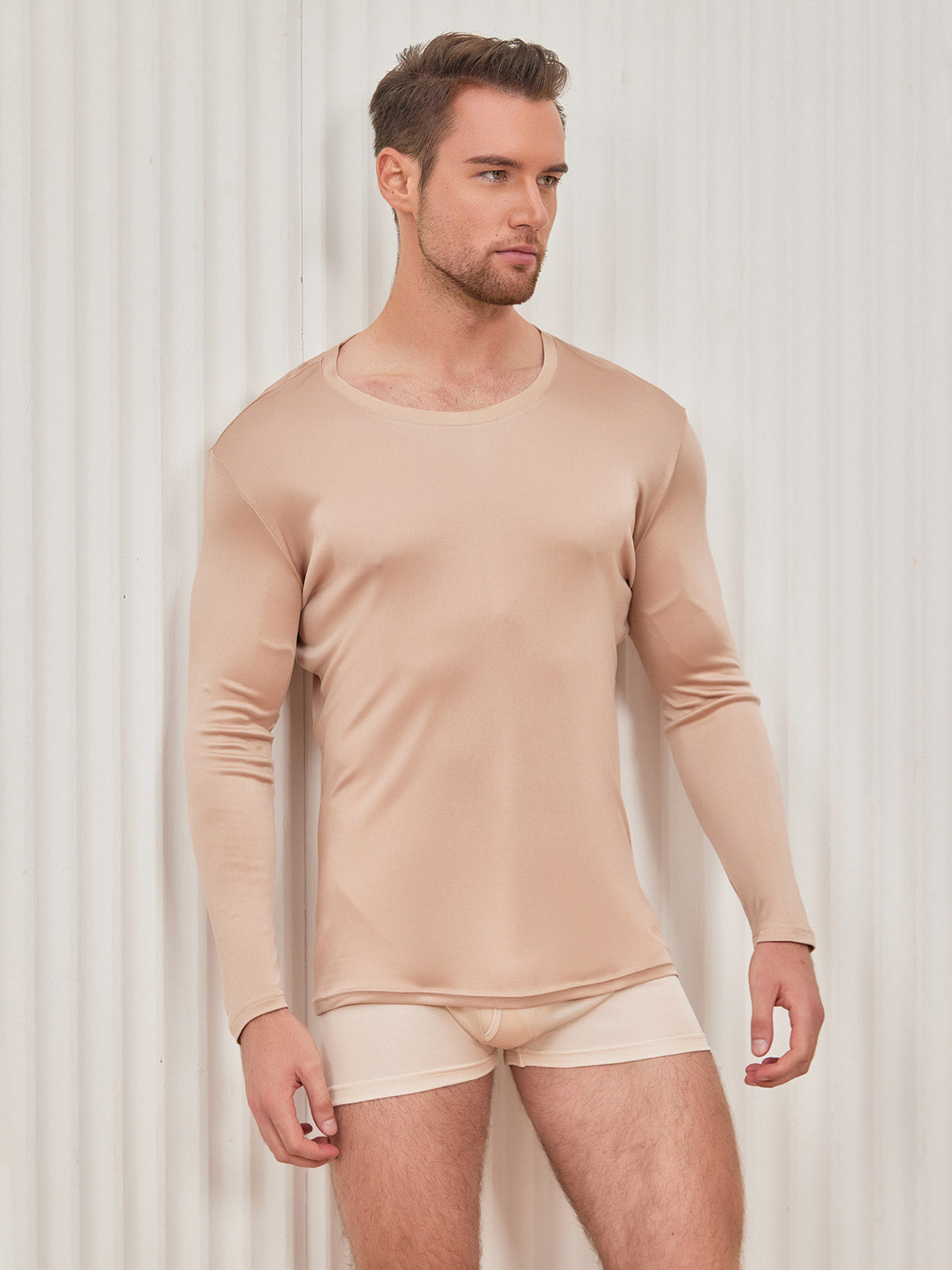 [Beige] SilkSilky-ES Manga larga Cuello Redondo Camiseta de hombre 004