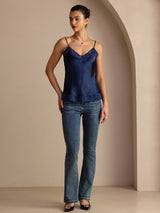 [Azul Oscuro] SilkSilky-ES V Neck Top de tirantes 006
