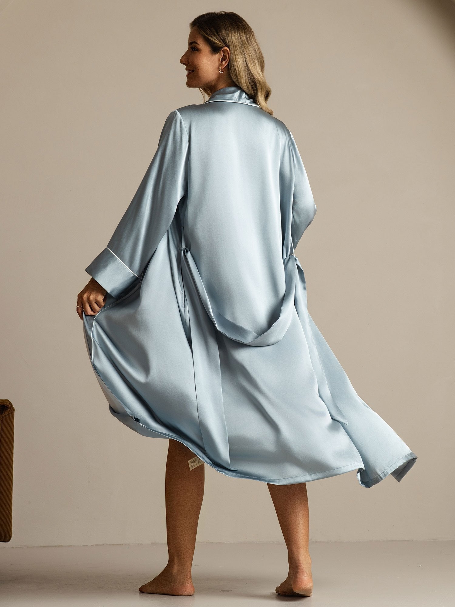 [Azul Grisáceo] SilkSilky-ES Long Sleeve Bata de mujer 002