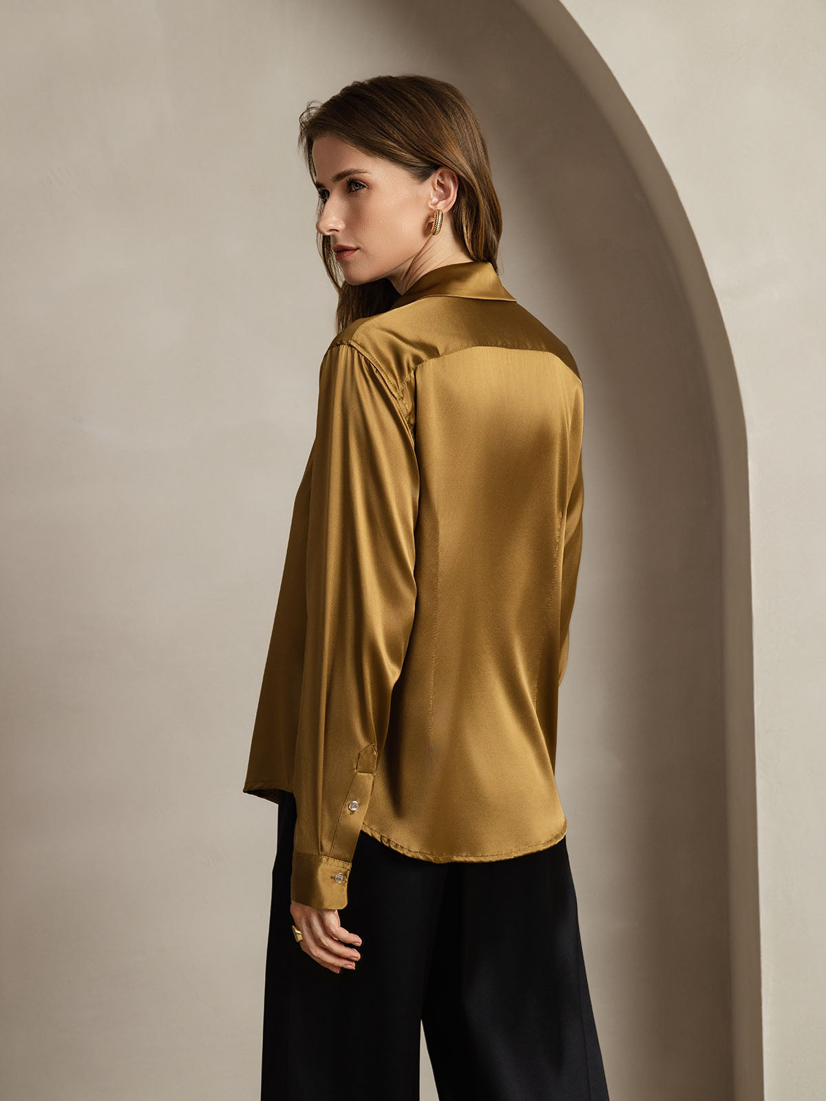 [Bronce] SilkSilky-ES Seda Lapel Collar Blusas de Mujer 002