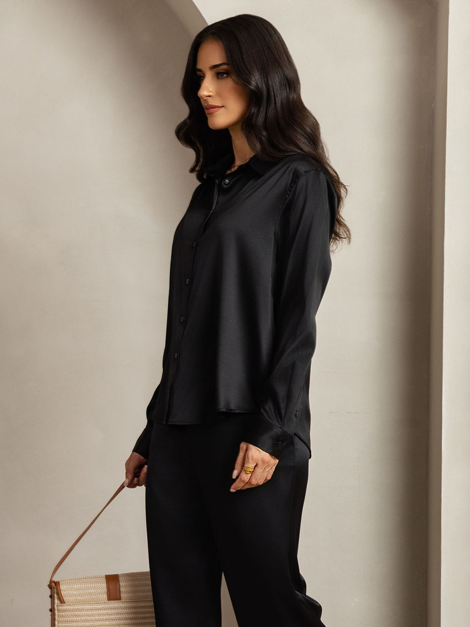 [Negro] SilkSilky-ES 19Momme Seda Lapel Collar Women''s Outfit Sets 006