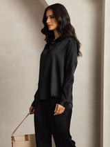 [Negro] SilkSilky-ES 19Momme Seda Cuello Camisero Women''s Outfit Sets 006,