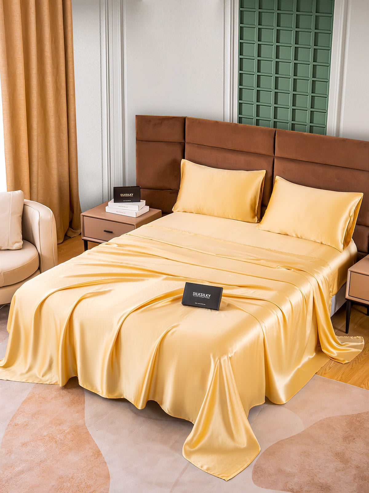 SilkSilky ES 25Momme Seda Pura Bedding Set Champán 005