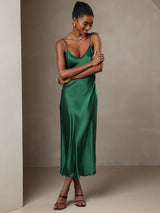 [Verde] SilkSilky-ES Spaghetti Strap V Neck Vestido 005