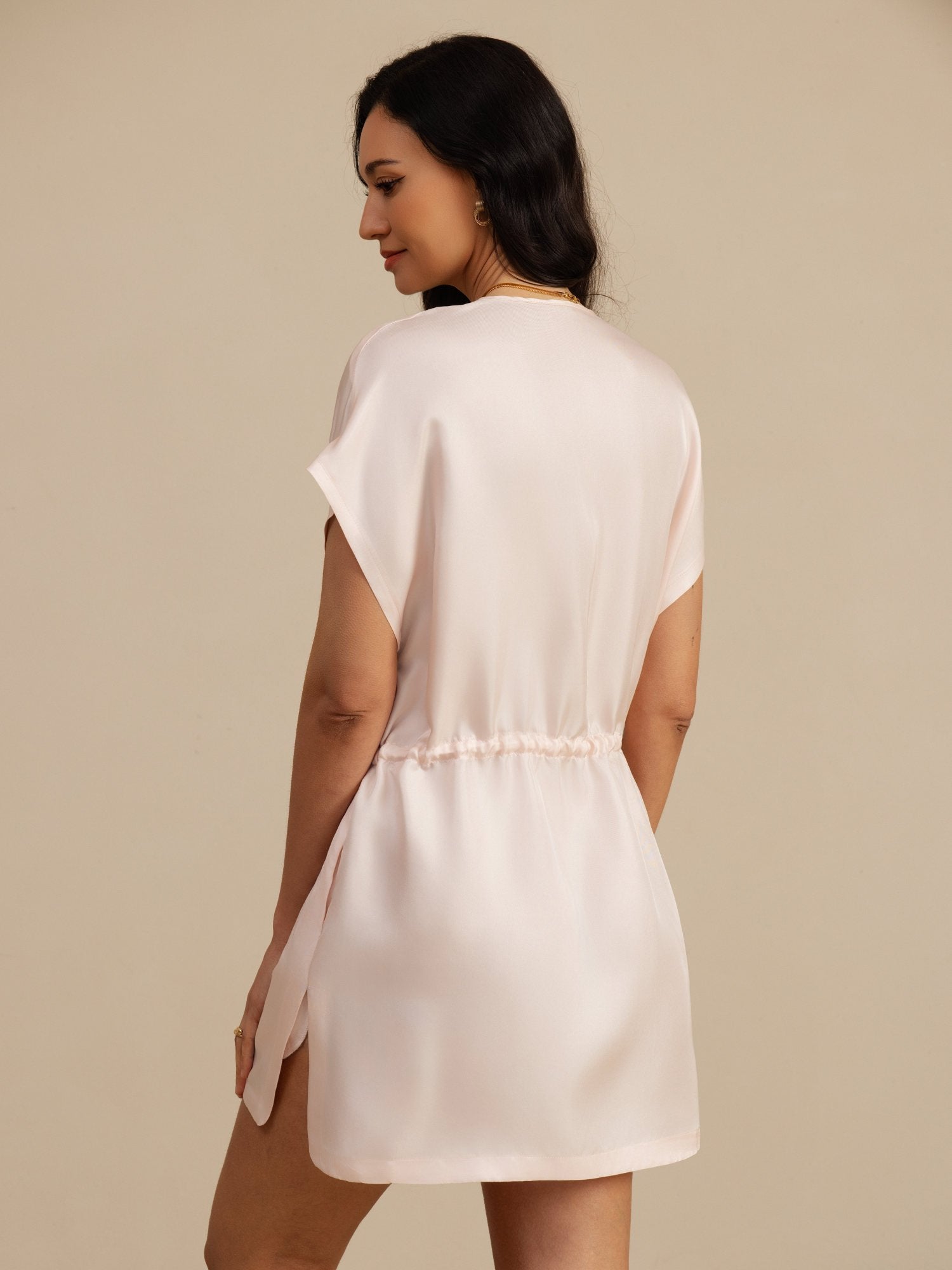 [Rosa] SilkSilky-ES 18Momme Manga Casquillo Cuello Henley Vestido 002