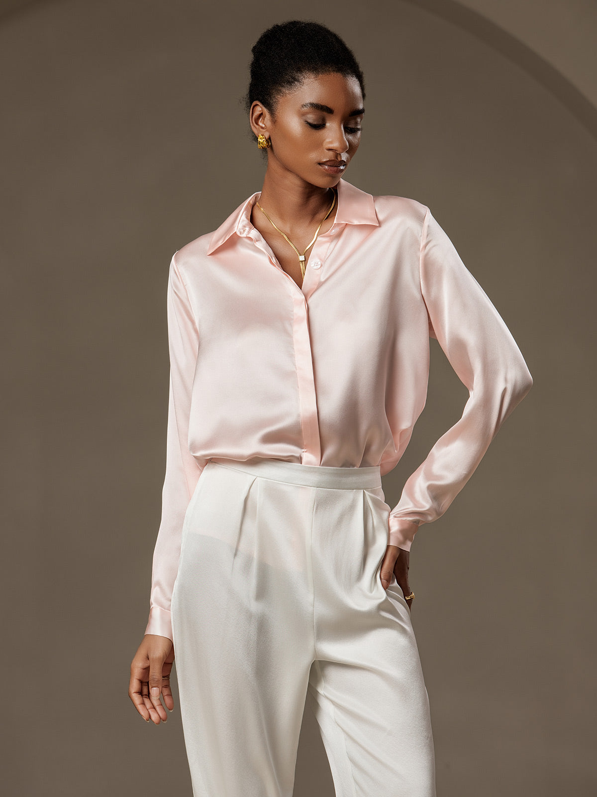 [Rosa] SilkSilky-ES 19Momme Seda Cuello Camisero Blusas de Mujer 001