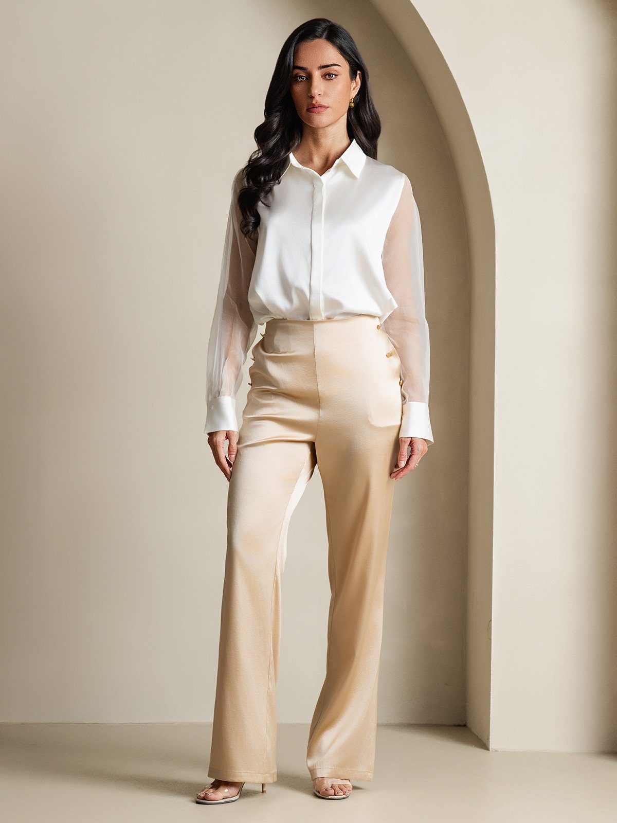 [Blanco] SilkSilky-ES 19Momme Seda Lapel Collar Blusas de Mujer 007