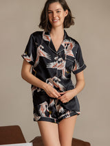 [Negro] SilkSilky-ES Short Sleeve Lapel Collar Pijamas de mujer 002