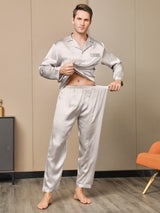[Gris] SilkSilky-ES Long Sleeve Lapel Collar Pijamas de hombre 005