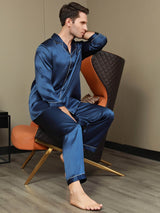 [Azul Oscuro] SilkSilky-ES Seda Pura Manga larga Solapa Pijamas de hombre 008