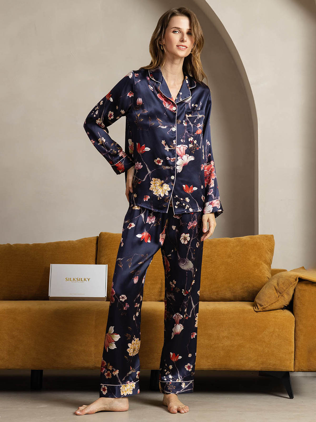 [Floral Azul Marino] SilkSilky-ES Seda Pura Womens Pajamas 001