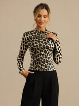 [Leopardo] SilkSilky-ES Manga larga Cuello Simulacro Camisetas de Mujer 005