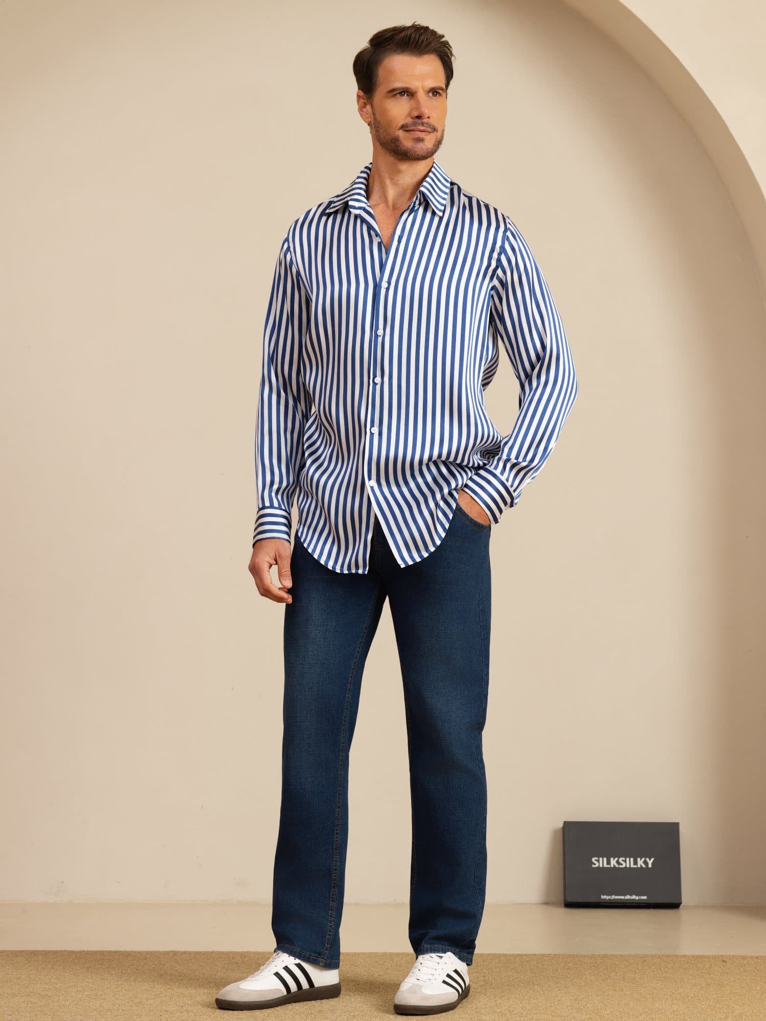 [Raya Marina] SilkSilky-ES 19Momme Manga larga Cuello con Solapa Camisa de hombre 007